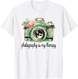 Photography Is My Therapy Vintage Camera With Flowers T-Shirt - T-Shirt | White