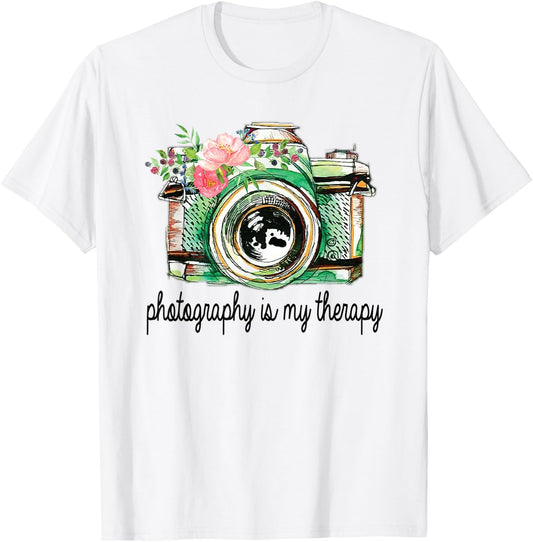 Photography Is My Therapy Vintage Camera With Flowers T-Shirt - T-Shirt | White