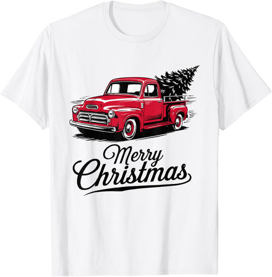 Red Pickup Truck Christmas Tree Vintage Christmas Men Women T-Shirt - T-Shirt | White
