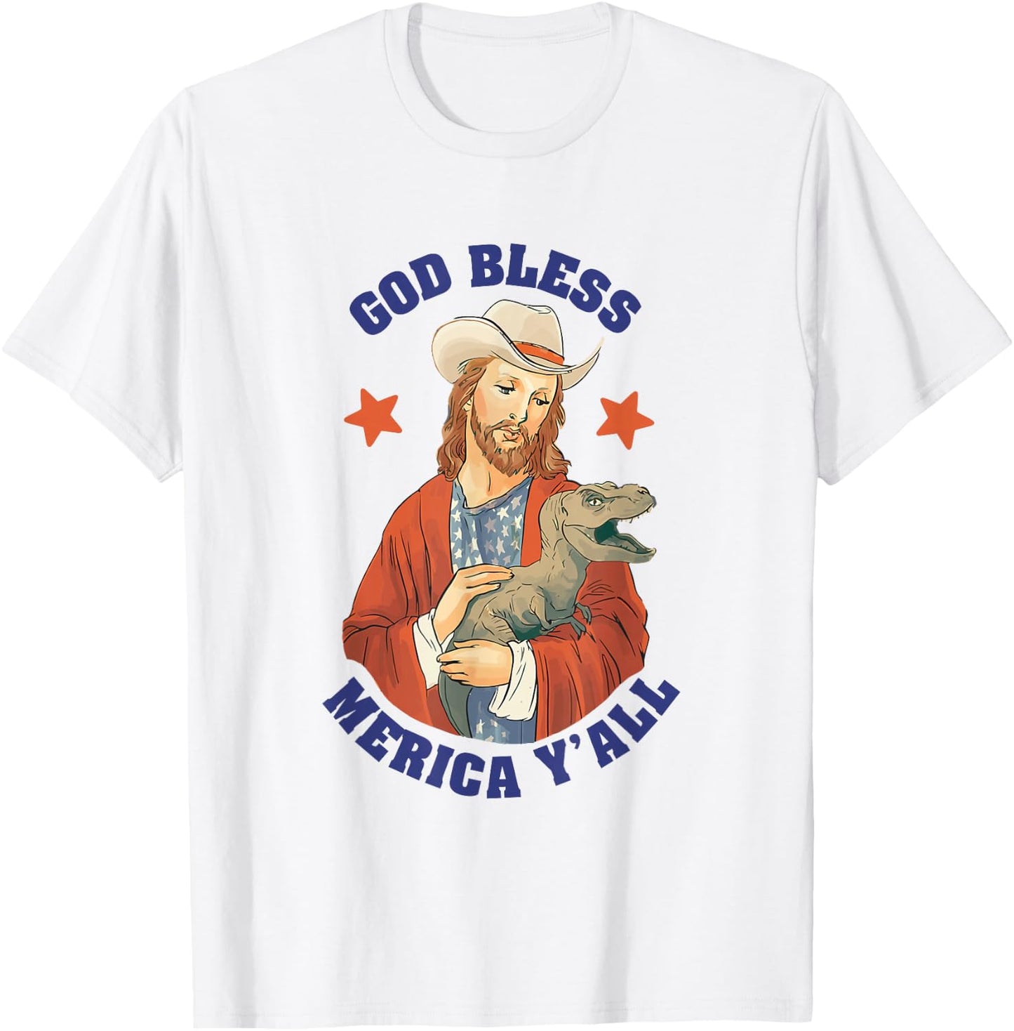USA : God Bless Merica Y'all Jesus Dinosaur Cowboy Hat T-Shirt - T-Shirt | White