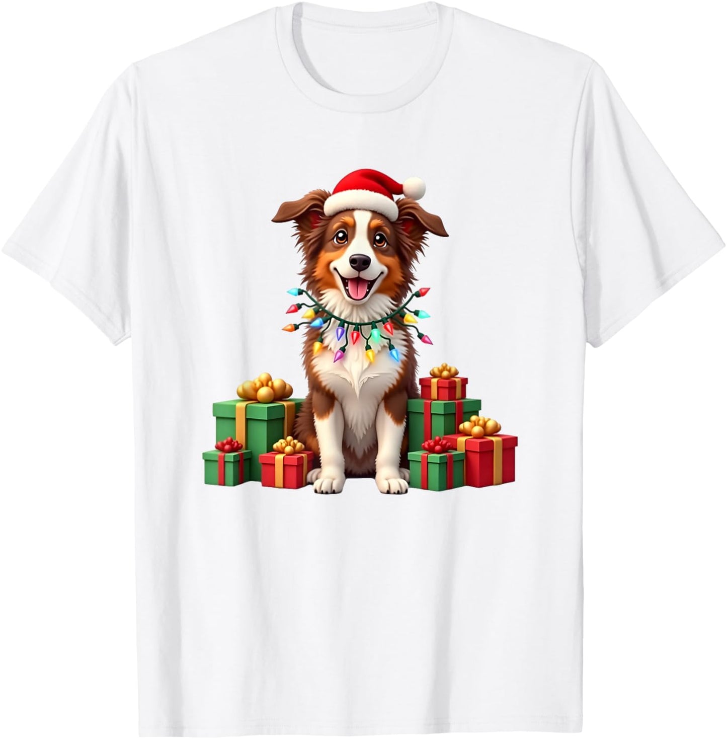 Christmas red and white Border Collie, Santa Hat T-Shirt - T-Shirt | White
