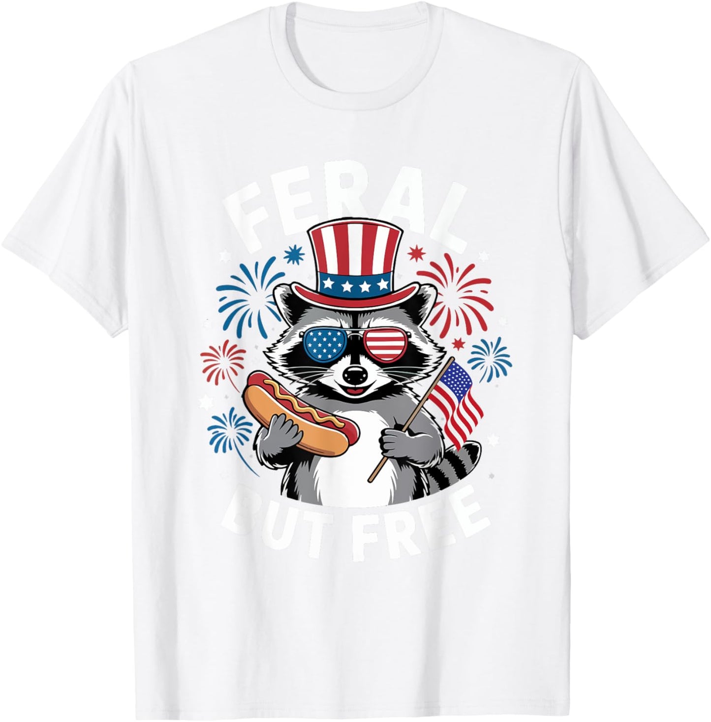 Feral But Free Patriotic Raccoon 4th of July Raccoon Hotdog Women Kids T-Shirt - T-Shirt | White