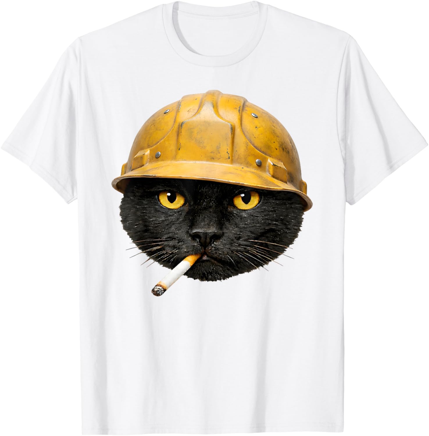 Funny Black Cat Smoking Meme Vintage Hard Hat Cat Face T-Shirt - T-Shirt | White