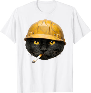 Funny Black Cat Smoking Meme Vintage Hard Hat Cat Face T-Shirt - T-Shirt | White