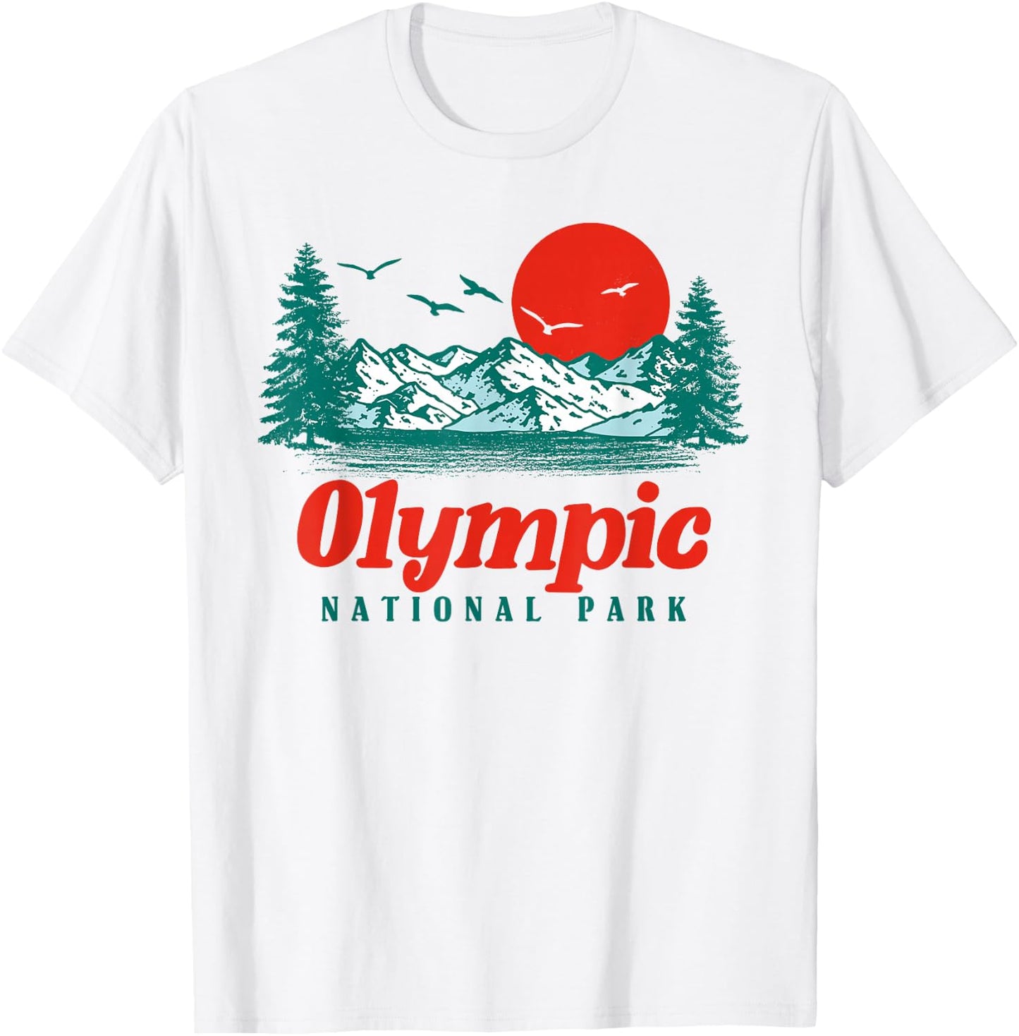 Retro Olympic National Park Mountain Trees & Sun Graphic Small T-Shirt - T-Shirt | White