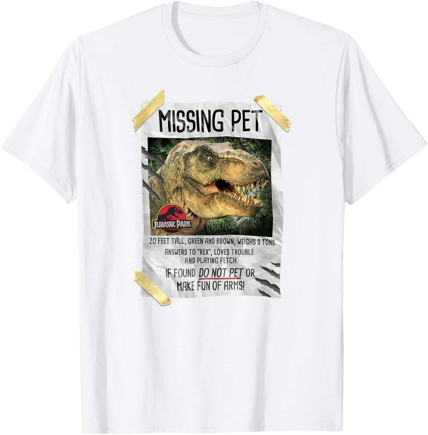Jurassic Park Missing Pet T-Rex Poster Taped T-Shirt - T-Shirt | White