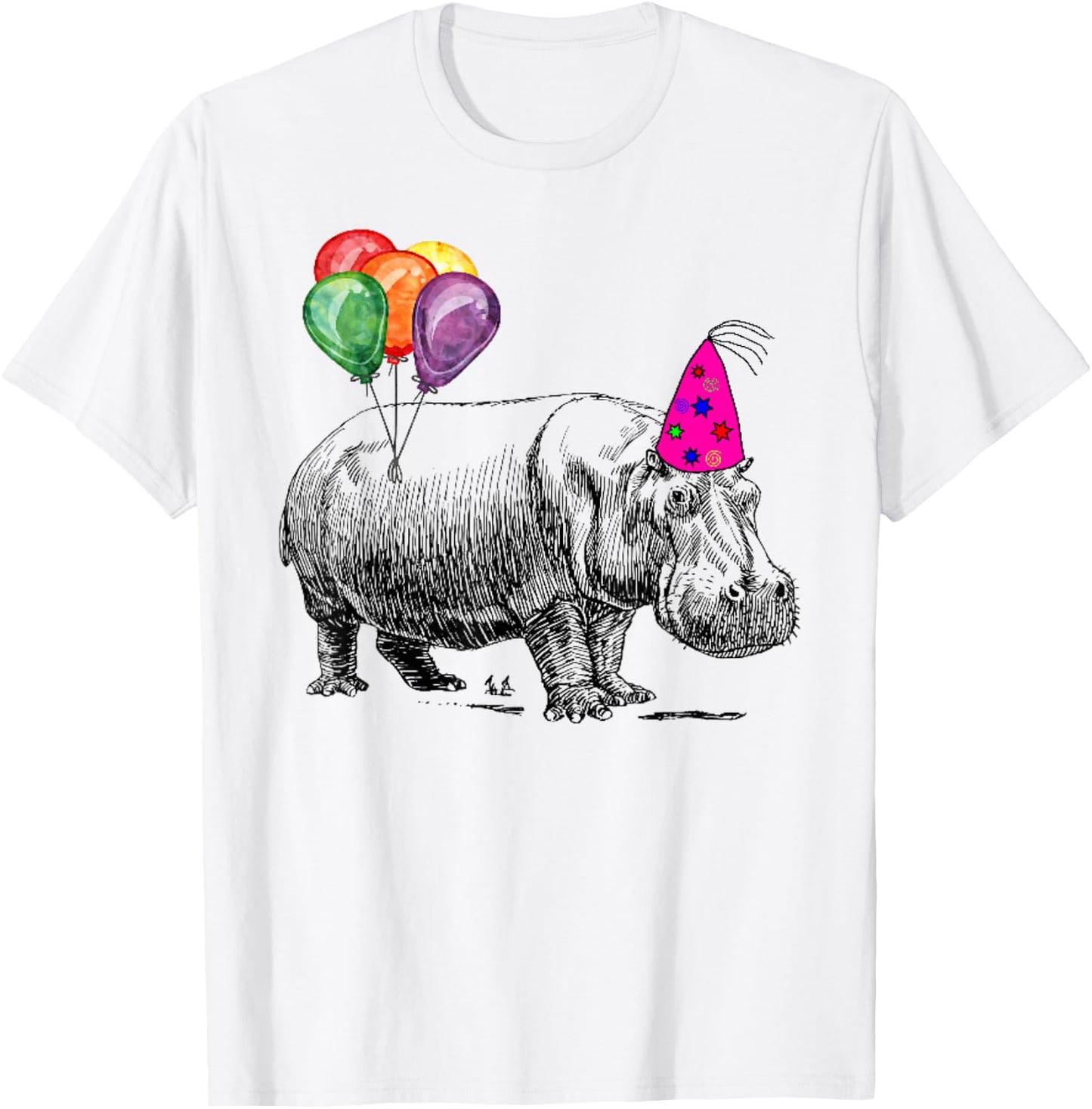 Hippo Wearing A Birthday Hat With Party Balloons Par T Shirt T-Shirt - T-Shirt | White