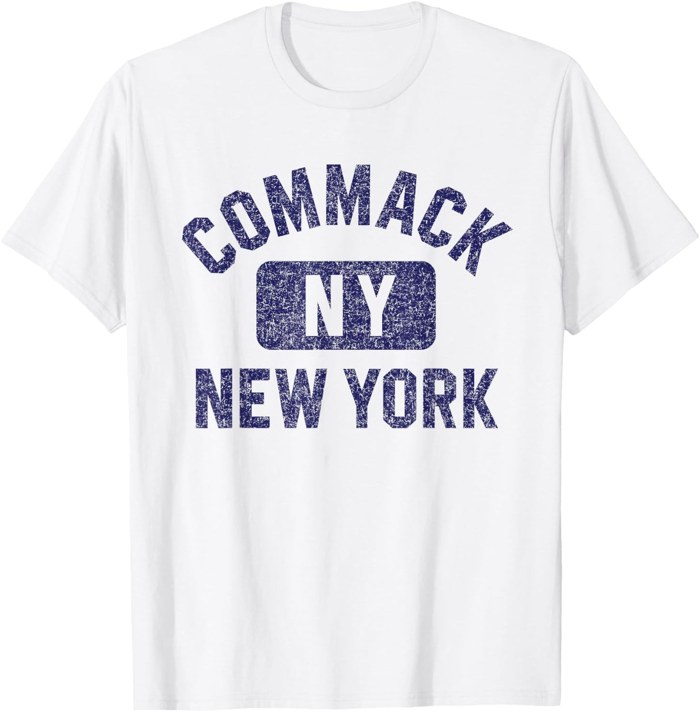 Commack NY New York Gym Style Distressed Dark Blue Print T-Shirt - T-Shirt | White