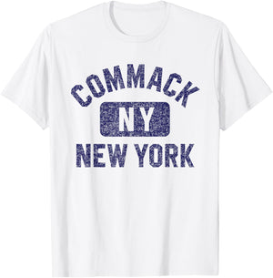 Commack NY New York Gym Style Distressed Dark Blue Print T-Shirt - T-Shirt | White