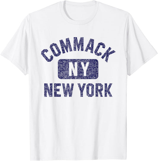Commack NY New York Gym Style Distressed Dark Blue Print T-Shirt - T-Shirt | White