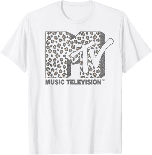 MTV Music Television Cheetah Print Logo Fill T-Shirt - T-Shirt | White