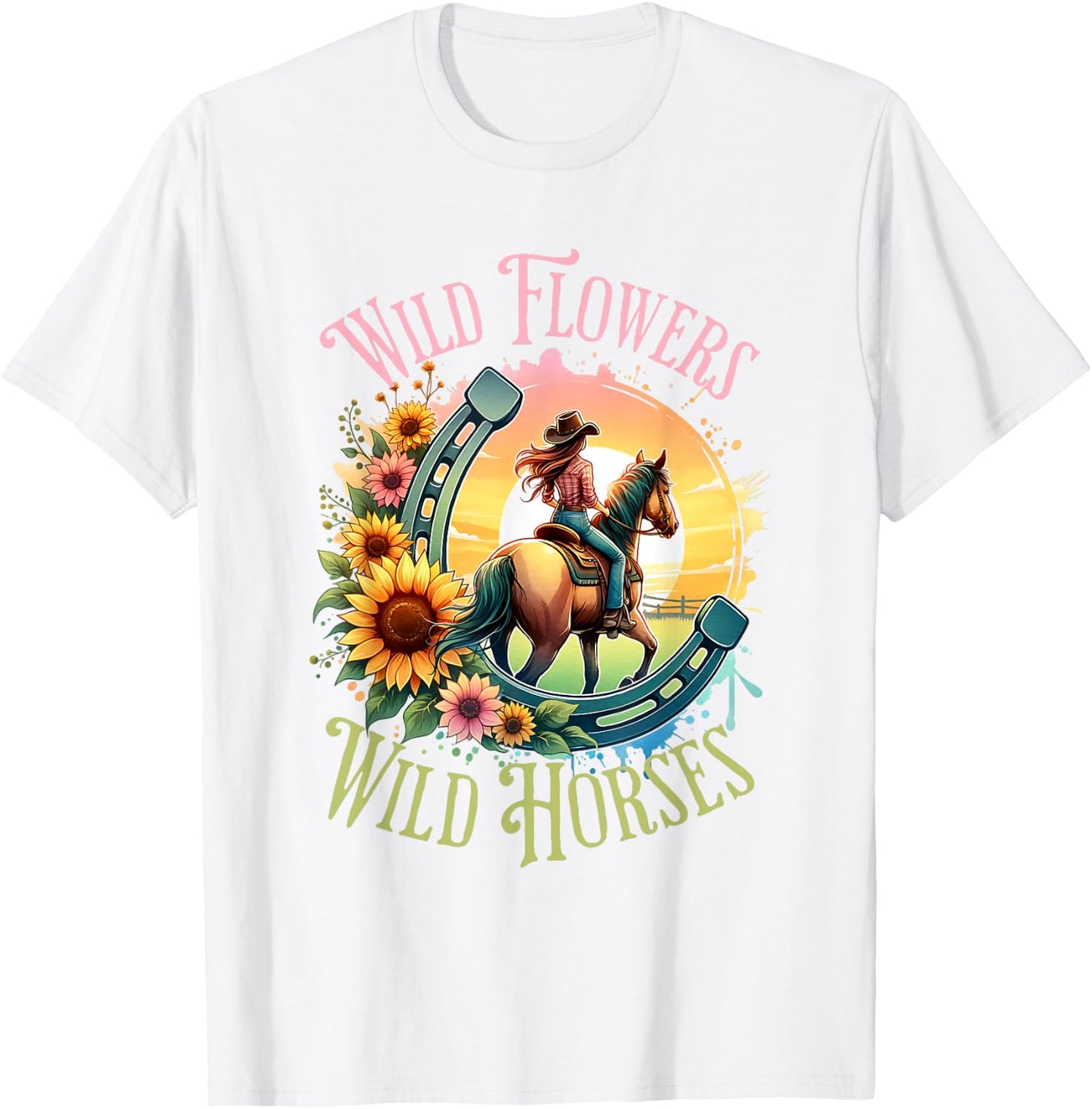 Wild Flowers & Wild Horses Country Sunset Western Cowgirl T-Shirt - T-Shirt | White