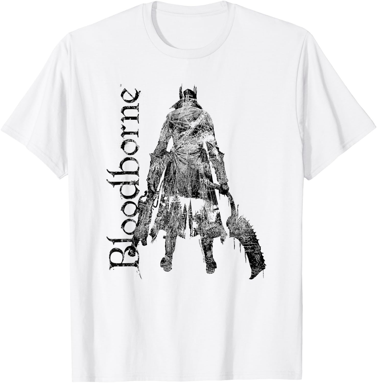 Bloodborne Hunter Silhouette with Logo Dark Video Game T-Shirt - T-Shirt | White