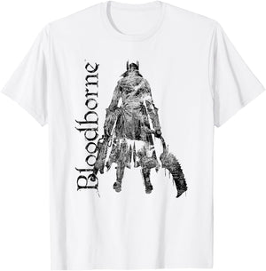 Bloodborne Hunter Silhouette with Logo Dark Video Game T-Shirt - T-Shirt | White