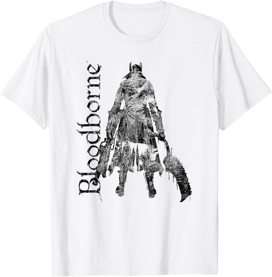 Bloodborne Hunter Silhouette with Logo Dark Video Game T-Shirt - T-Shirt | White