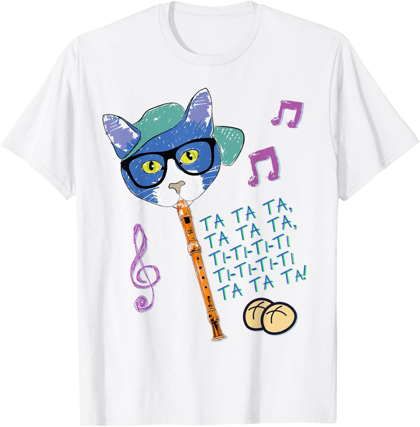Cool Cat Playing Hot Cross Buns on Recorder Funny Elementary T-Shirt - T-Shirt | White