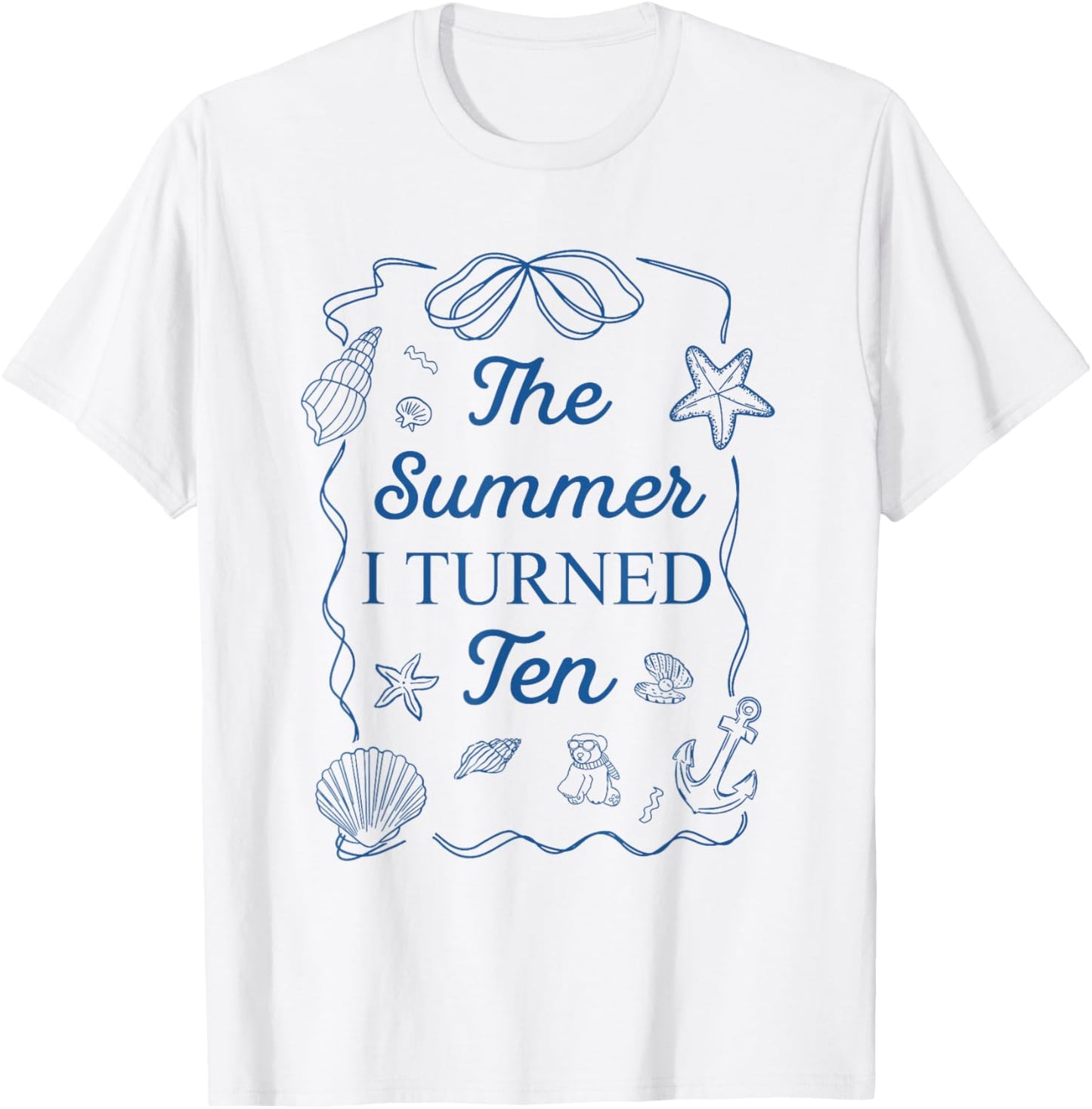 Summer I Turned Ten 10th Birthday Seashell Coastal Bow T-Shirt - T-Shirt | White