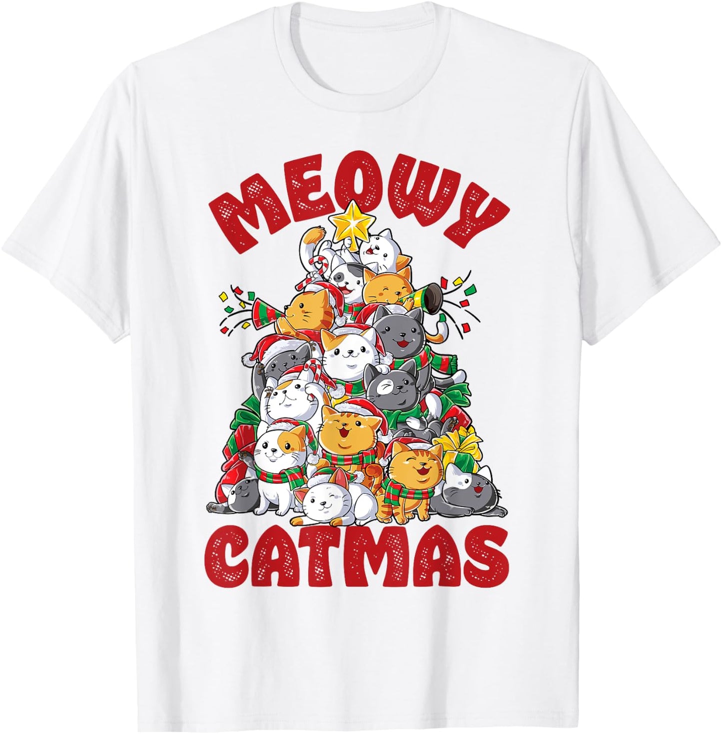 Meowy Catmas Cat Christmas Tree Xmas Girls Boys Funny Santa T-Shirt - T-Shirt | White