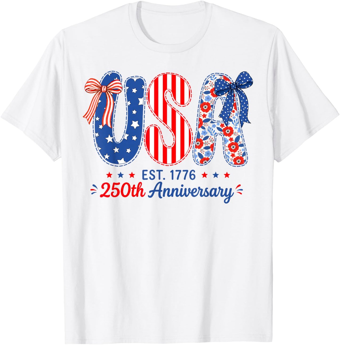USA 250 Years America Floral Birthday Patriotic 4th of July T-Shirt - T-Shirt | White