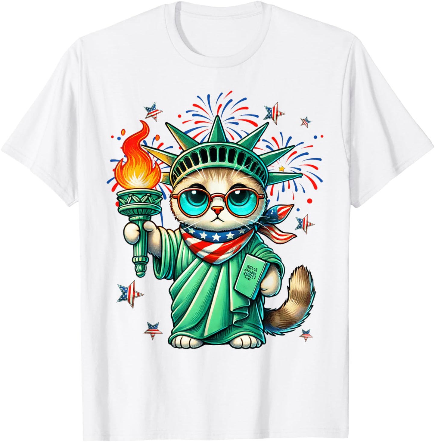 Funny Statue Of Liberty Cat USA Flag Independence Day July 4 T-Shirt - T-Shirt | White