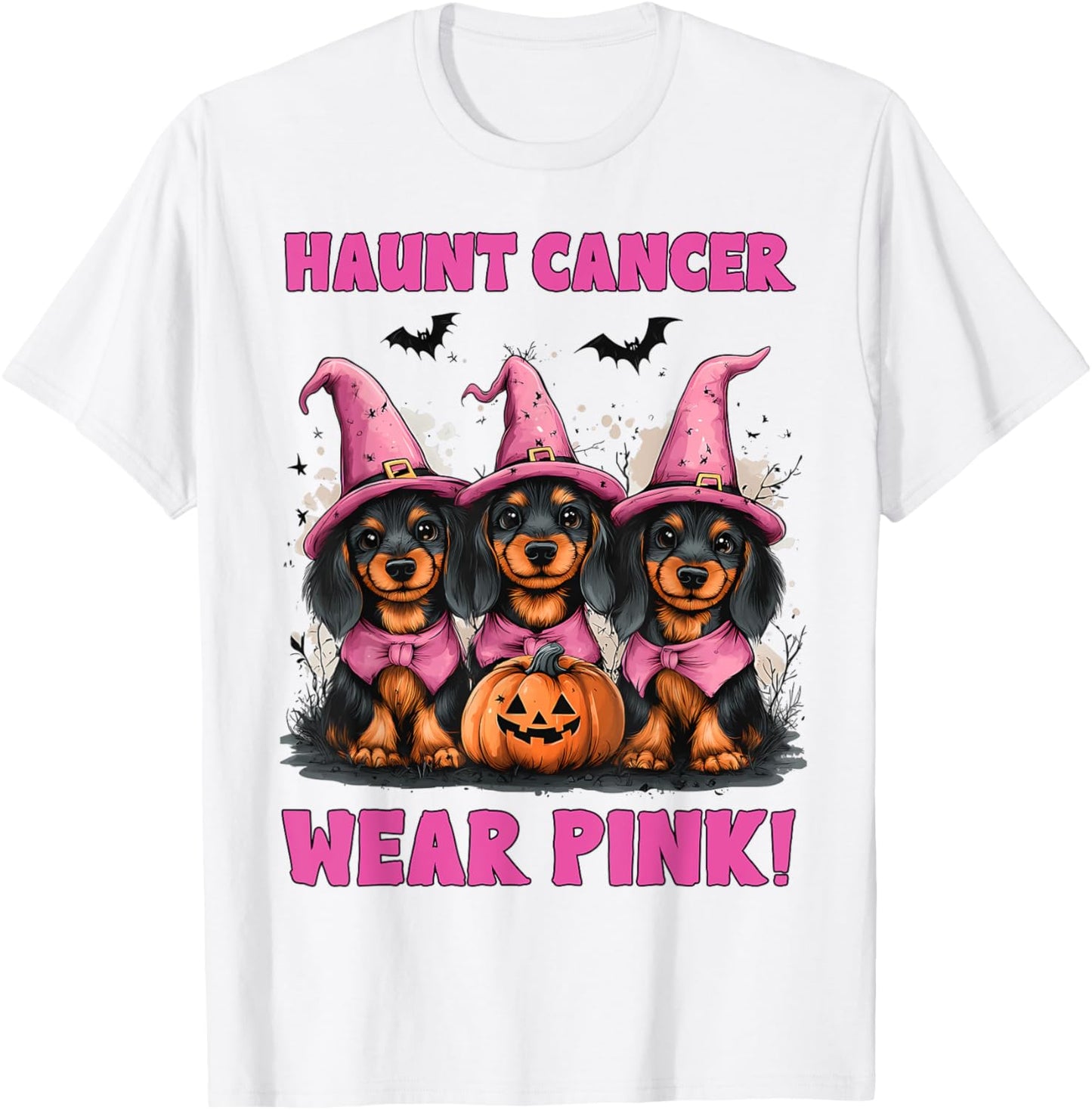In October We Wear Pink Dachshund Halloween Breast Cancer T-Shirt - T-Shirt | White