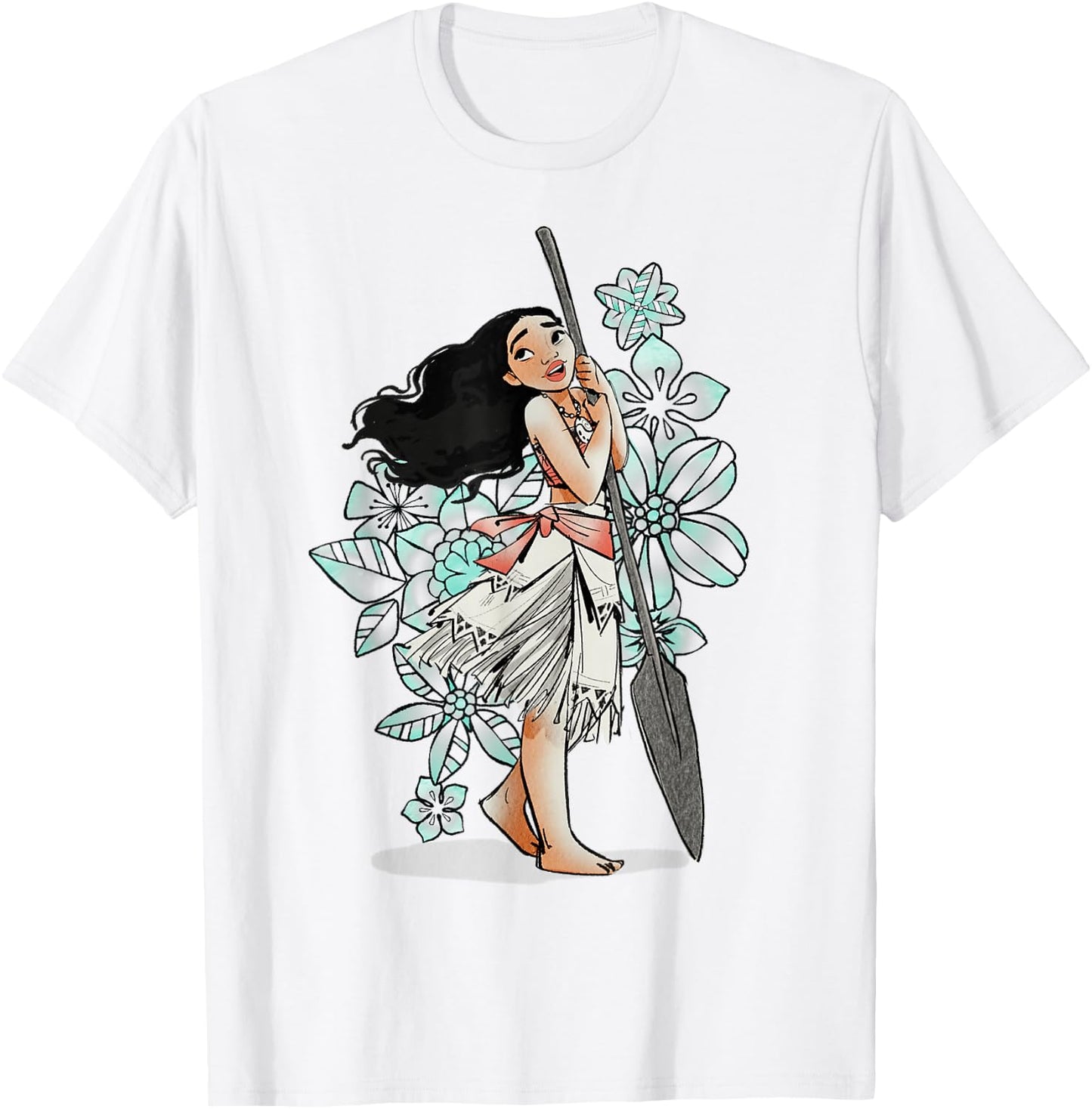 Disney Moana Tropical Floral Line Art Voyager Portrait T-Shirt - T-Shirt | White