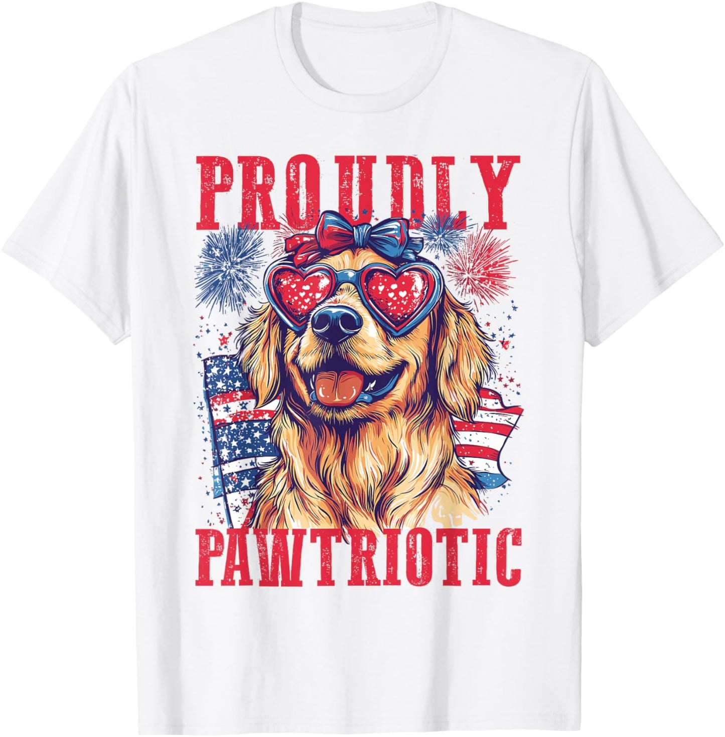 Proudly Pawtriotic Golden Retriever 4th of July Fireworks T-Shirt - T-Shirt | White