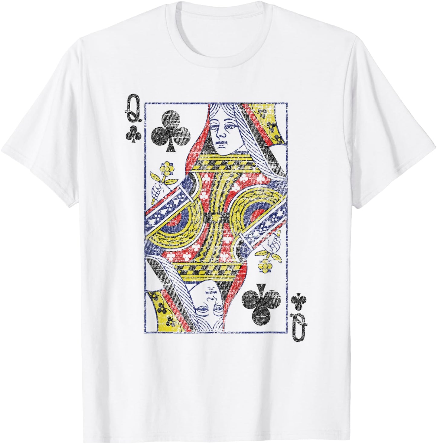 Queen of Clubs Playing Card Costume Poker Distressed T-Shirt - T-Shirt | White
