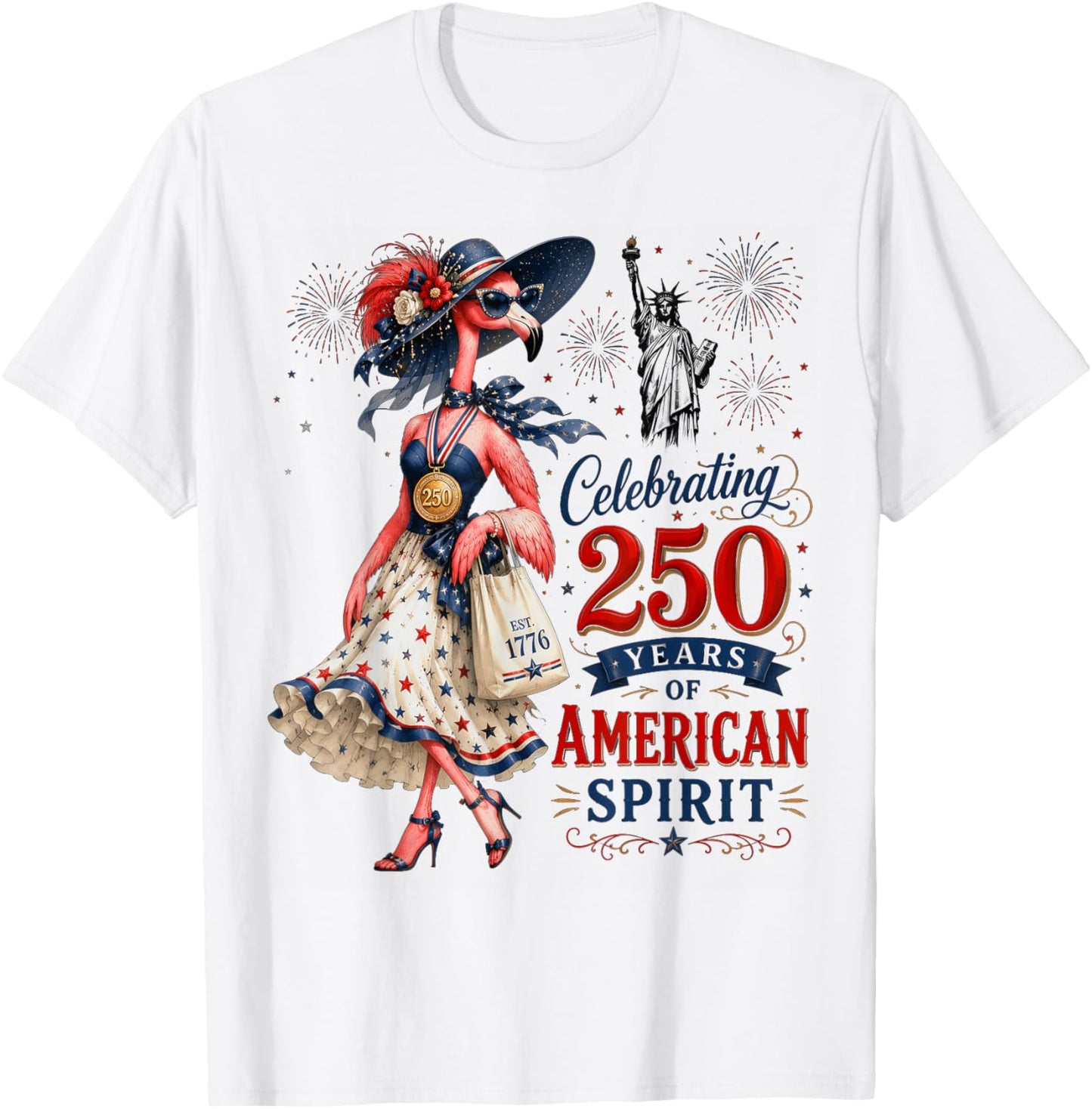Patriotic Flamingo 250 Years of Freedom 1776 2026 USA Design T-Shirt - T-Shirt | White