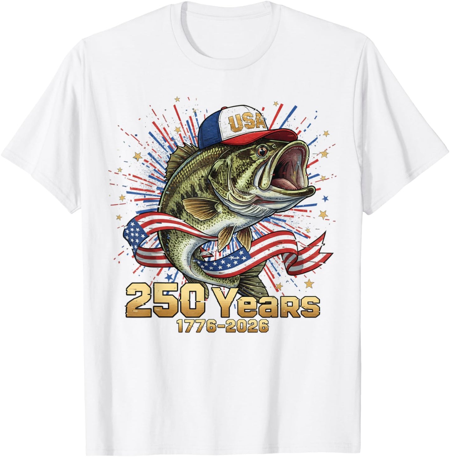 250 America 1776 2026 Bass Fishing USA Flag 250th Birthday T-Shirt - T-Shirt | White