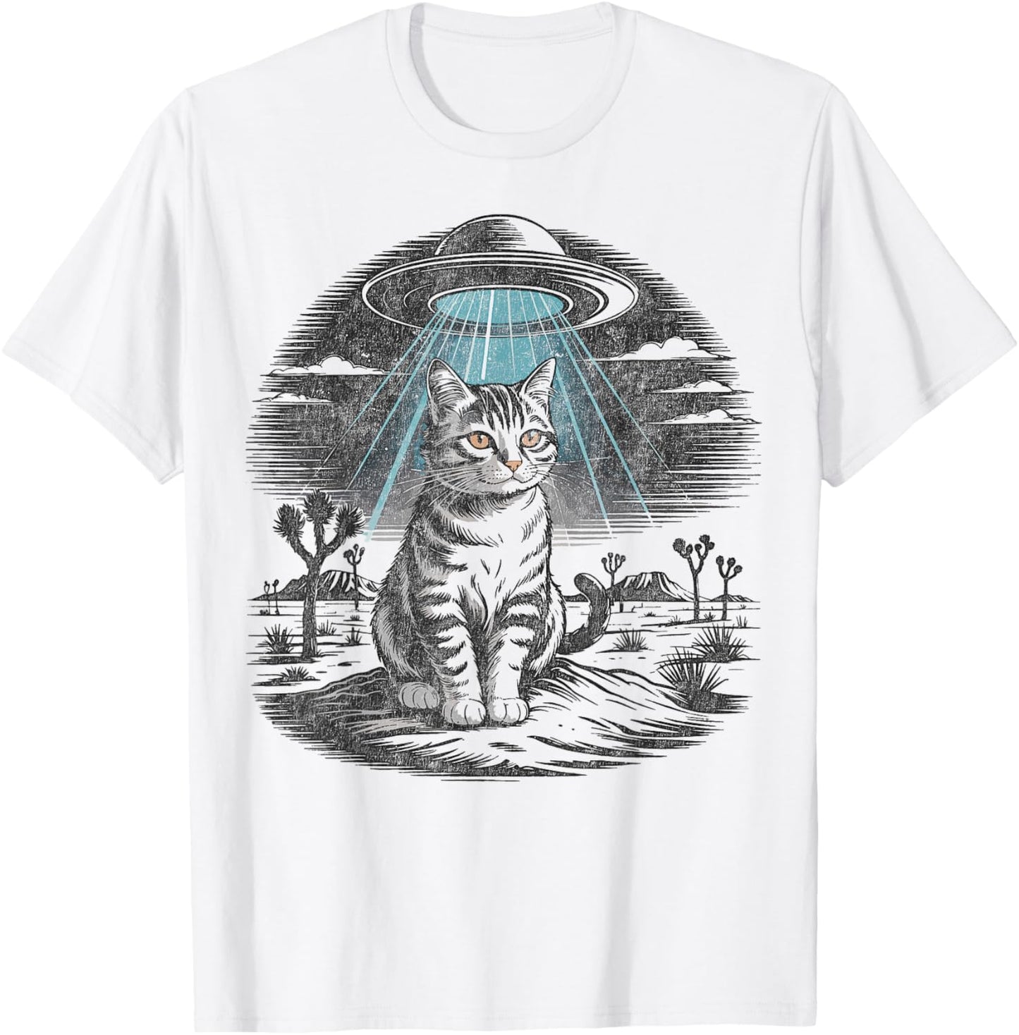 Funny Cat Retro Western Vintage UFO Cowboy Cat T-Shirt - T-Shirt | White