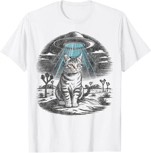 Funny Cat Retro Western Vintage UFO Cowboy Cat T-Shirt - T-Shirt | White