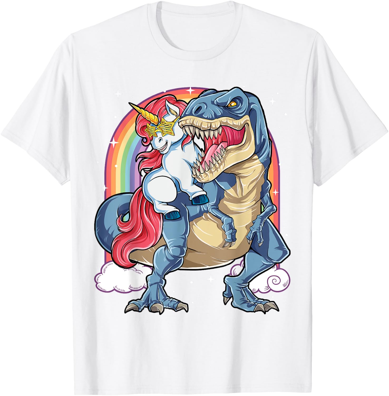 Unicorn Riding Dinosaur T rex Shirt Boys Girls Kids Rainbow T-Shirt - T-Shirt | White