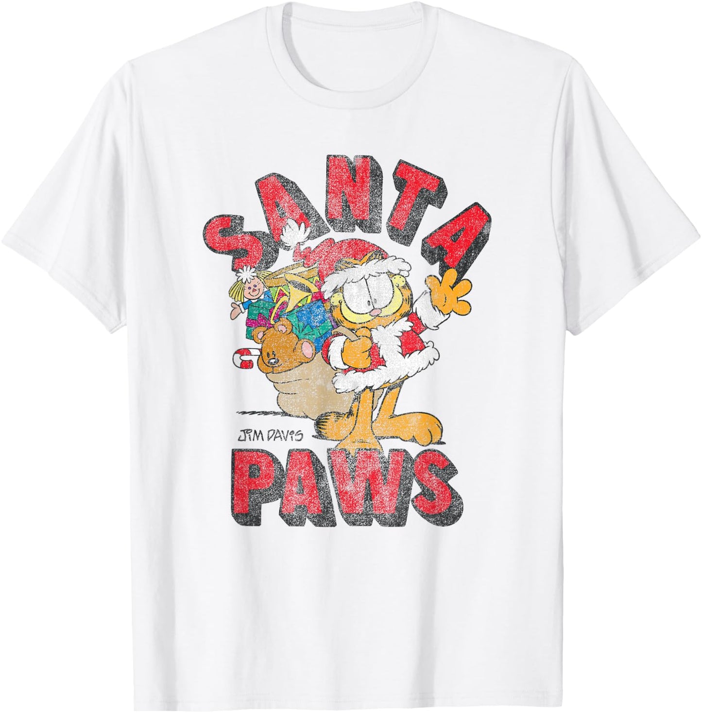 Garfield Santa Paws Distressed Christmas Cartoon Cat Women Kids T-Shirt - T-Shirt | White
