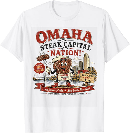 Omaha Nebraska Steak Capital - Vintage Cowboy Steak T-Shirt - T-Shirt | White