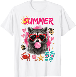 Summer Raccoon Beach Vacation Cute Retro Animal Graphic T-Shirt - T-Shirt | White
