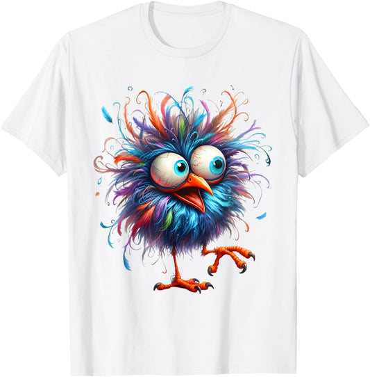 Crazy Colorful Bird Vintage Art Hilarious Fluffy Bird Cute T-Shirt - T-Shirt | White