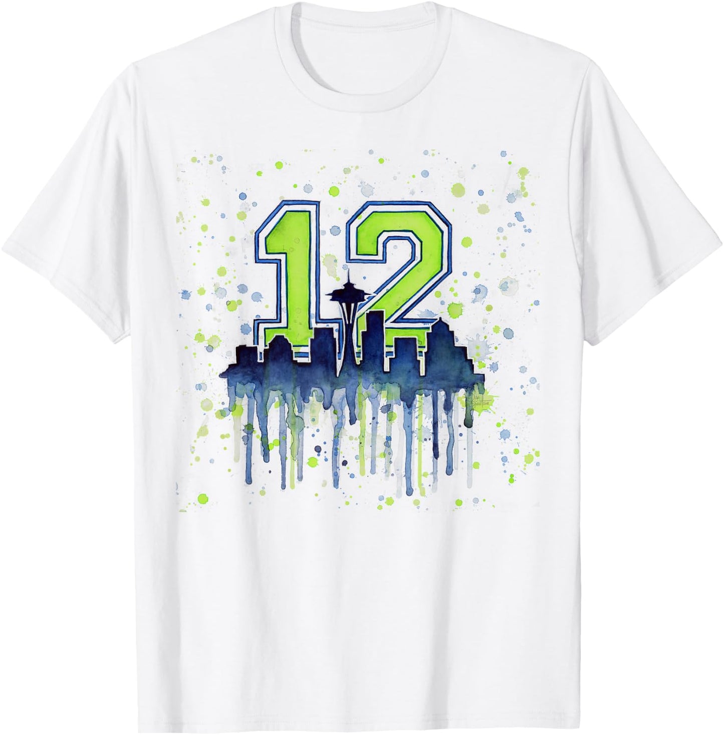Seattle 12th Man | Space Needle Skyline Watercolor T-Shirt - T-Shirt | White