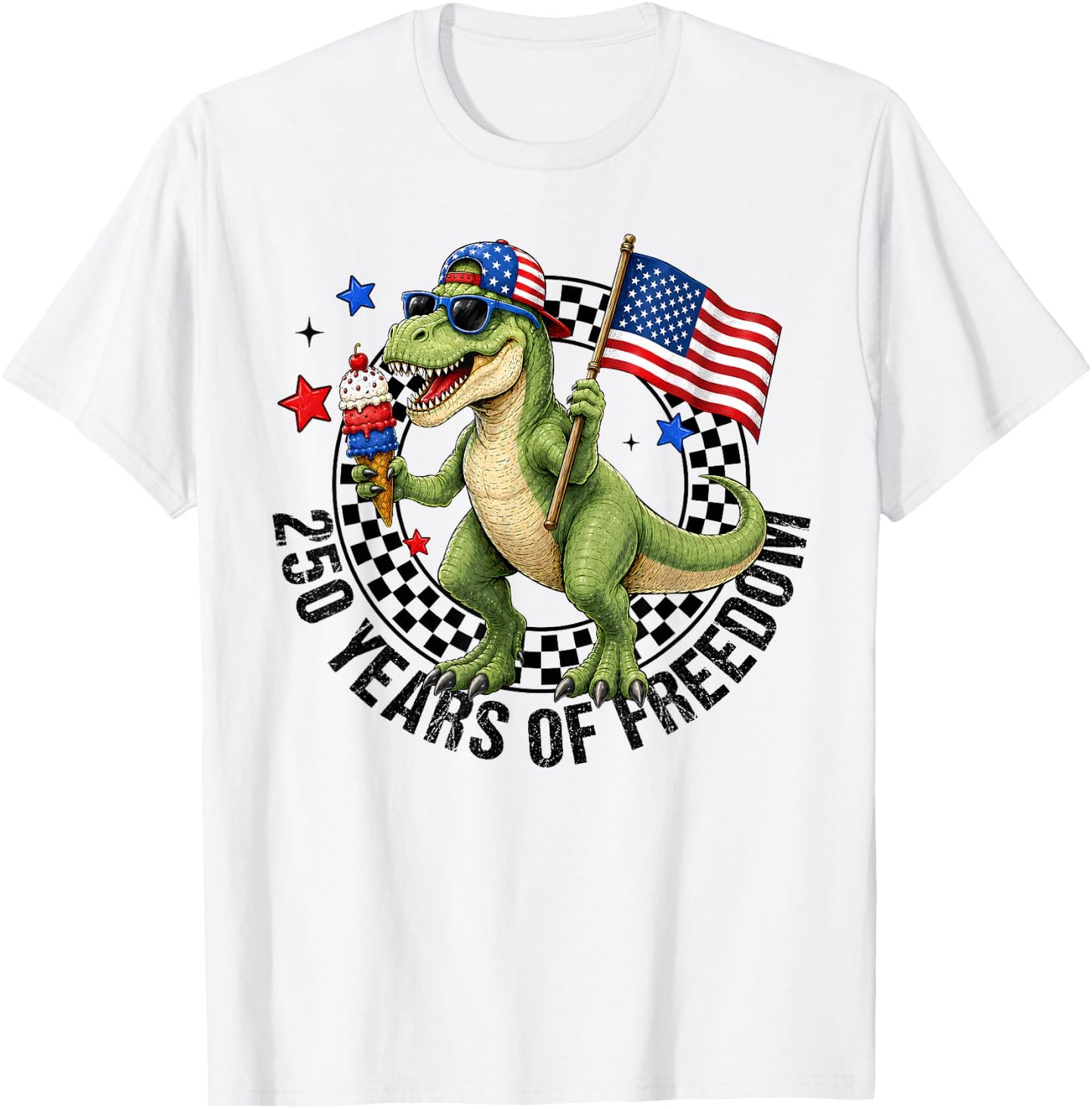 Boy 4th of July T-Rex Happy 250 America 1776-2026 Dinosaur T-Shirt - T-Shirt | White