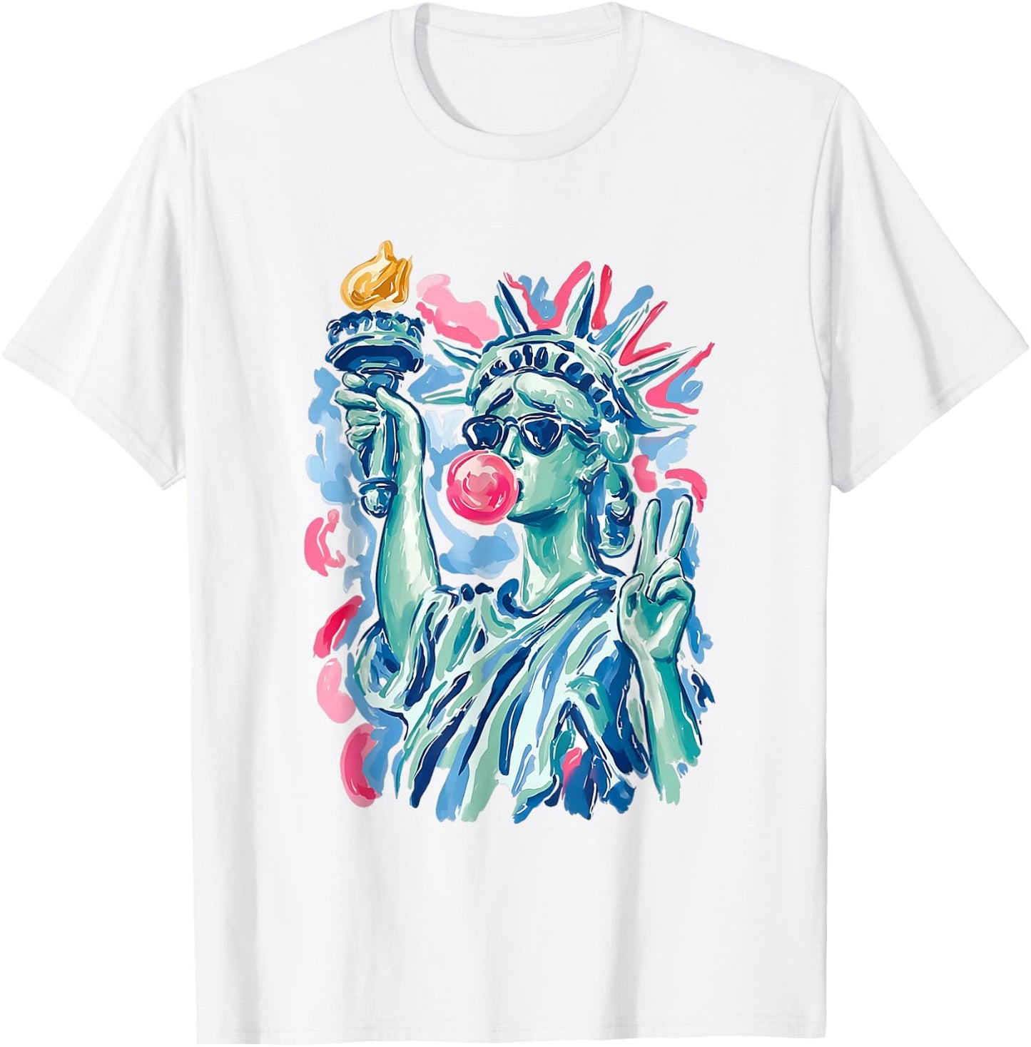 Brushstroke Statue of Liberty Blowing Bubble Gum 4th of July T-Shirt - T-Shirt | White