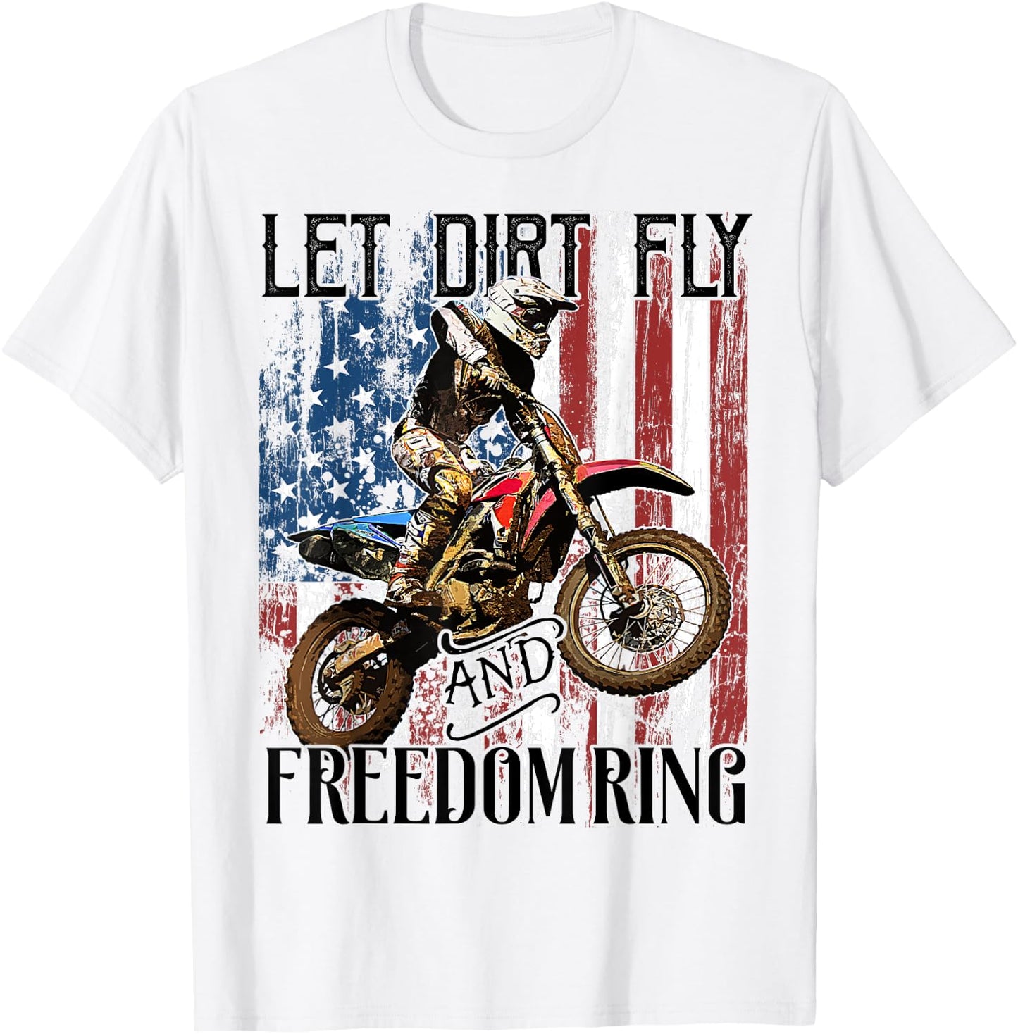 American Flag 4th of July Dirt Bike Motocross Racing Shirt T-Shirt - T-Shirt | White