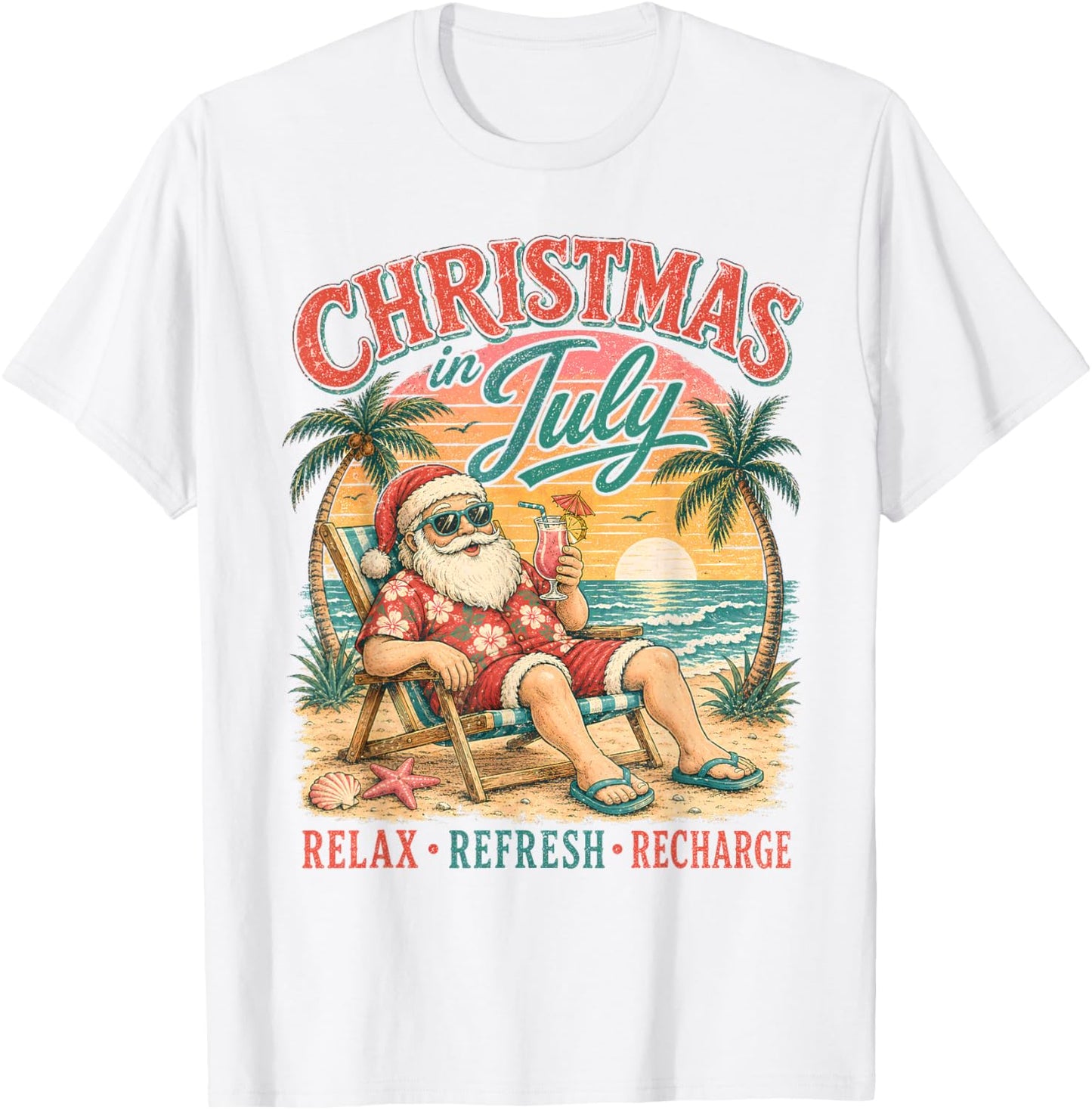 Christmas in July Relax Beach Santa Hawaiian Sunset Cruise T-Shirt - T-Shirt | White