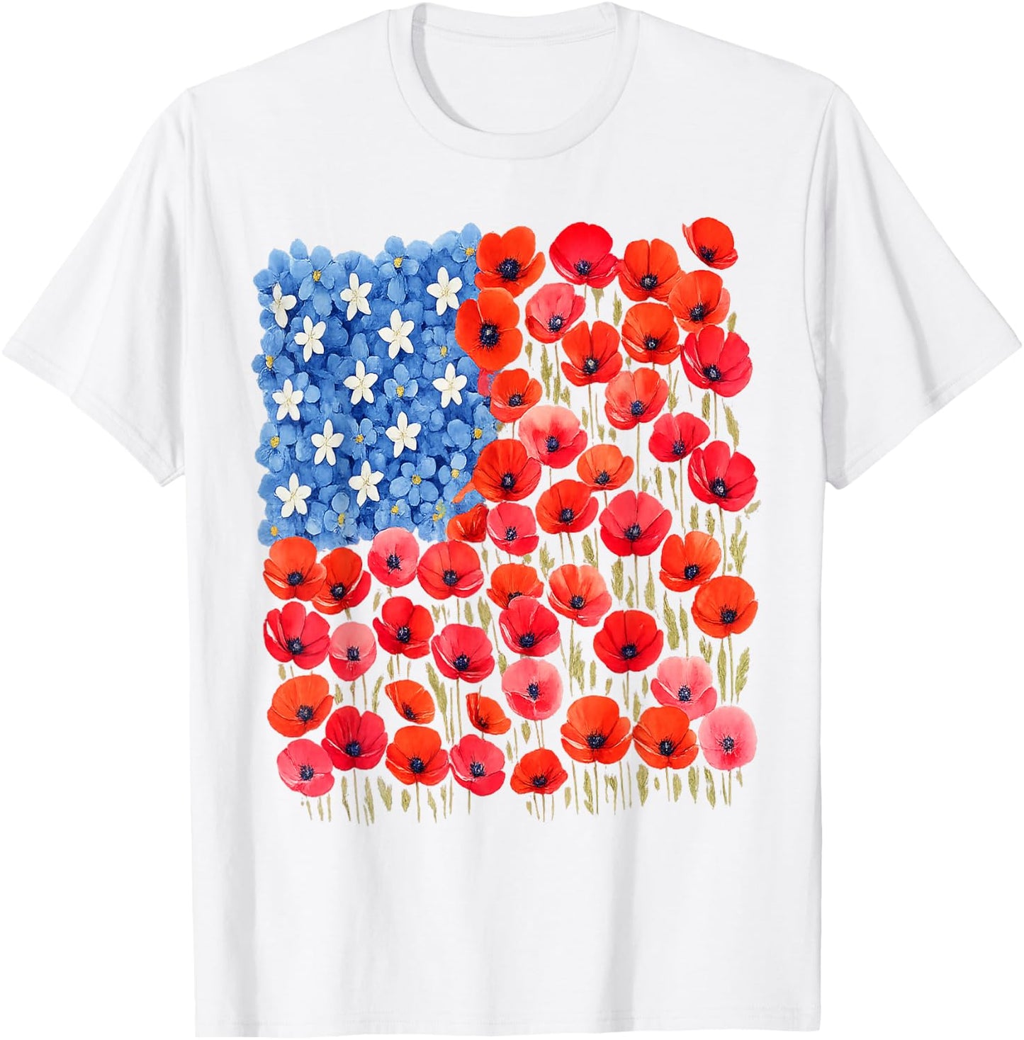 Patriotic Poppies & Hydrangeas Flowers in Floral US Flag T-Shirt - T-Shirt | White