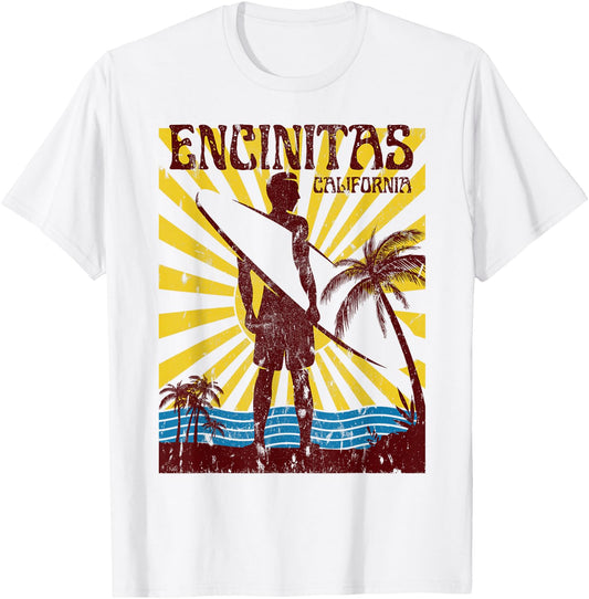 Encinitas Beach California Surfing Surf Ocean USA White Small Retro Surf T-Shirt - T-Shirt | White