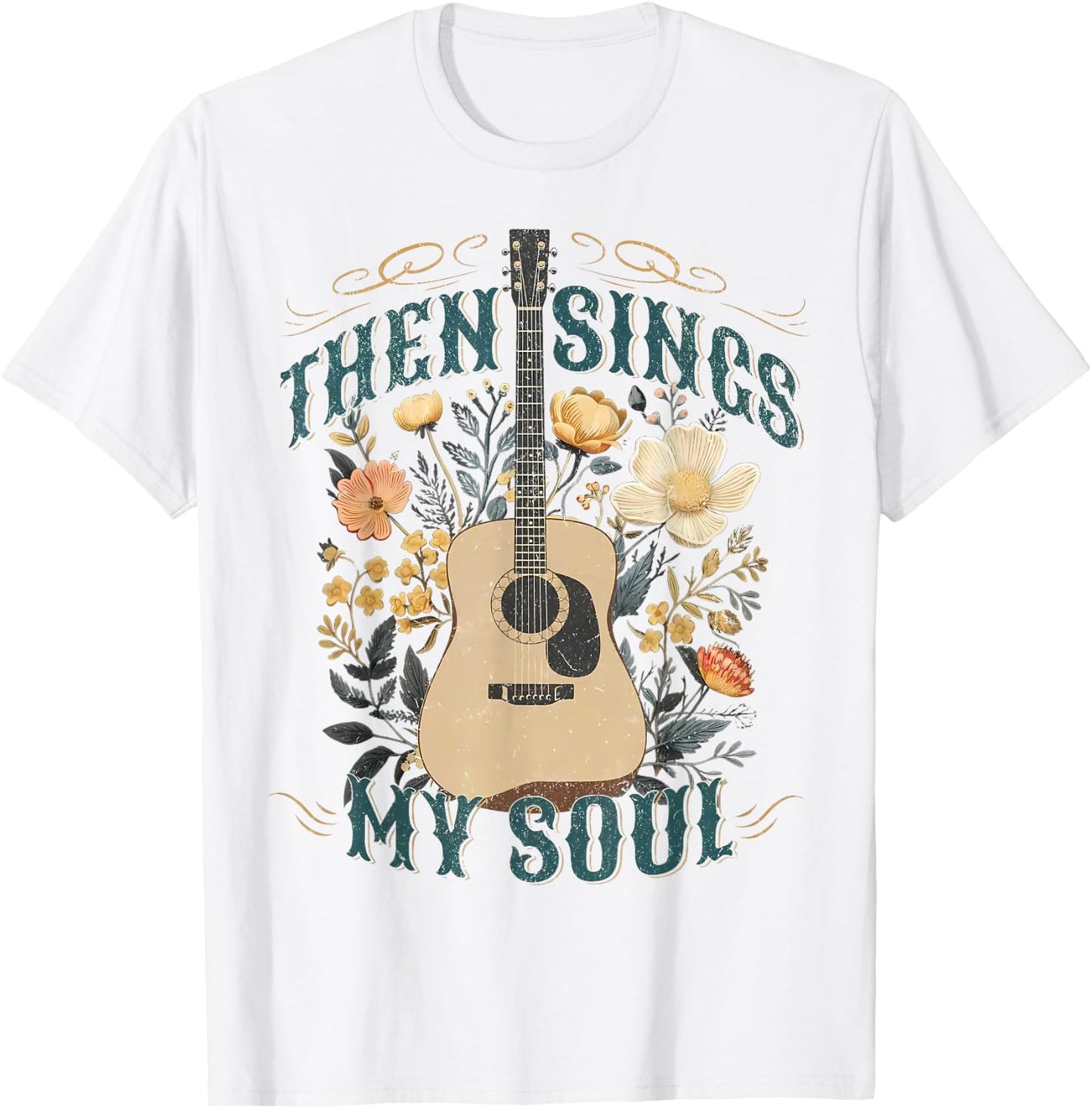 Vintage Floral Guitar Then Sings My Soul Christian Jesus T-Shirt - T-Shirt | White