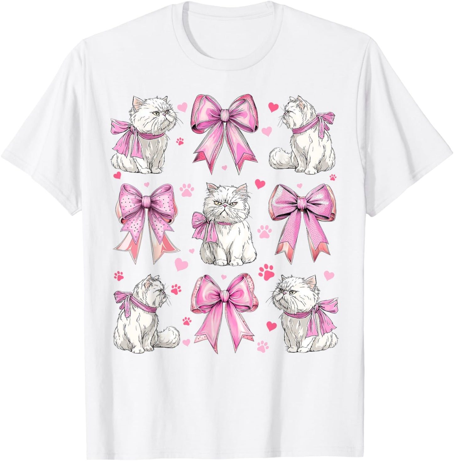 Persian Cat White Cat Pet Girl Coquette Bow Pink Mom T-Shirt - T-Shirt | White
