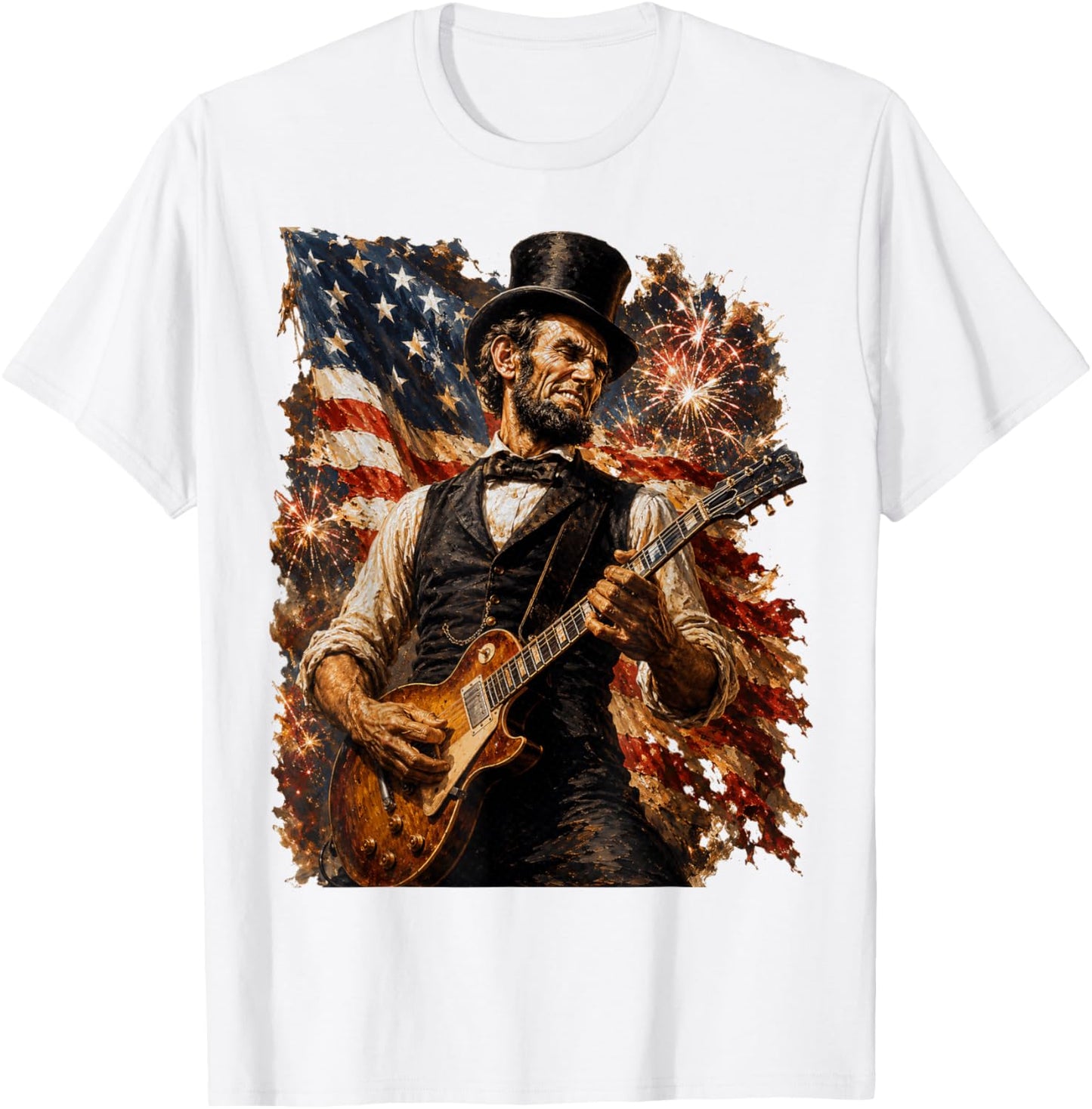Abraham Lincoln Playing Guitar USA Flag 250 Anniversary T-Shirt - T-Shirt | White
