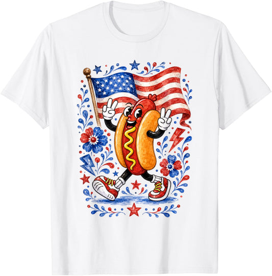 Patriotic Hot Dog Peace Sign USA Flag 4th of July T-Shirt - T-Shirt | White