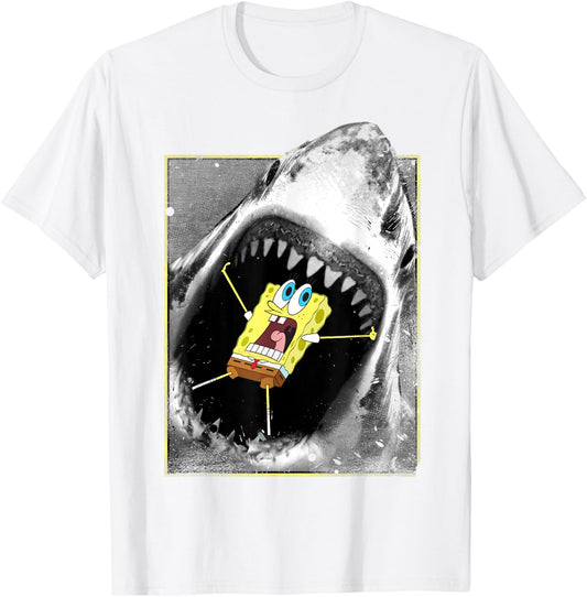 Spongebob Squarepants Shark Attack Funny T-Shirt - T-Shirt | White