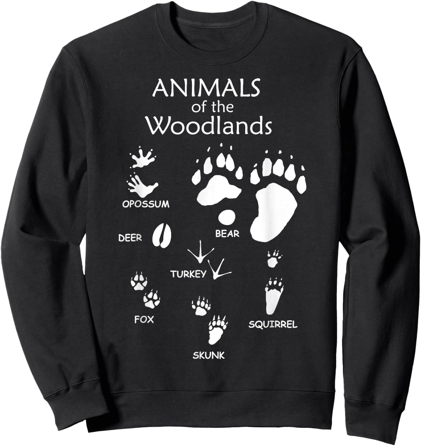Woodland Cute Animal Paw Print Shirt, Bear Fox Skunk Turkey Sweatshirt - Sweatshirt | Black